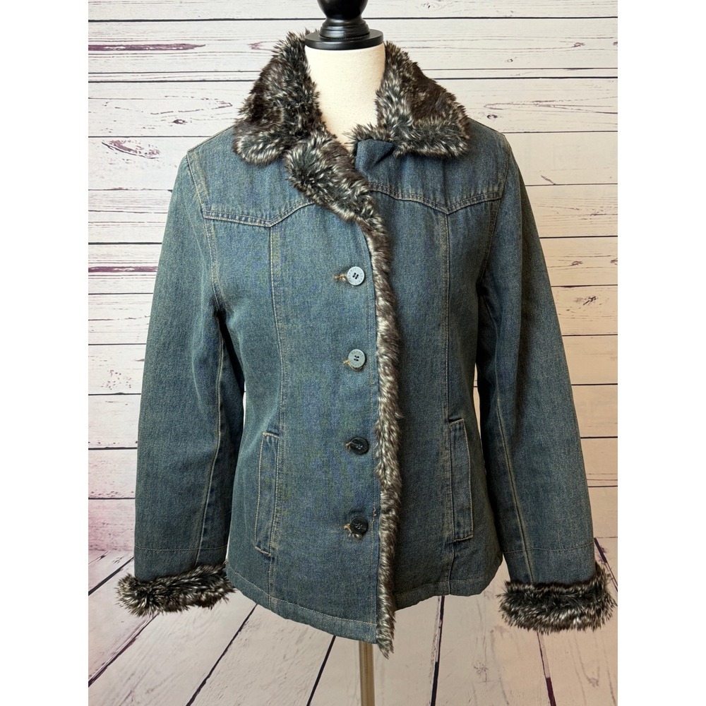 Esprit Denim Jean Jacket Small Womens Faux Fur Trim Quilted Lined Coat Y2K 90s